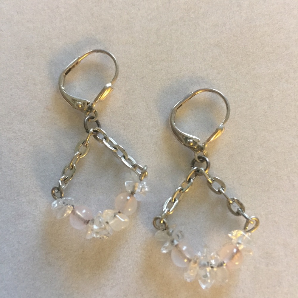 HAND CRAFTED Earrings Silver Plated Chain Rose Quartz Clear Quartz Chips